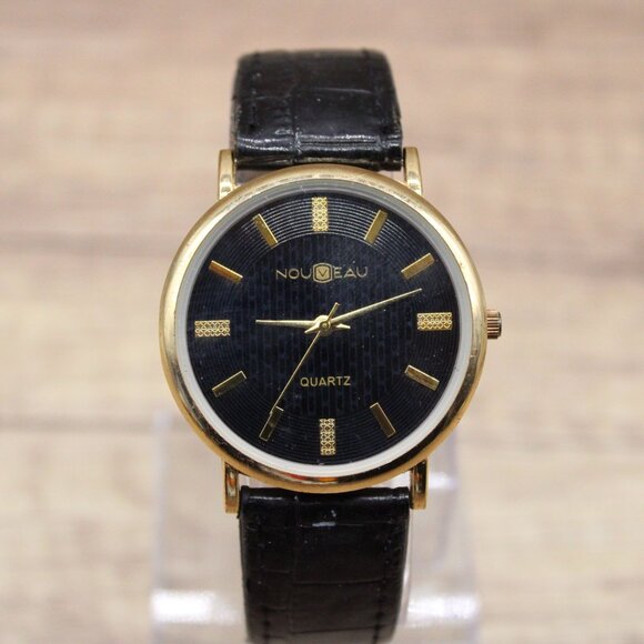 Vintage Noveau Watch Men Gold Tone Stainless Steel Classic Black Quartz Dial 90s - Picture 1 of 8